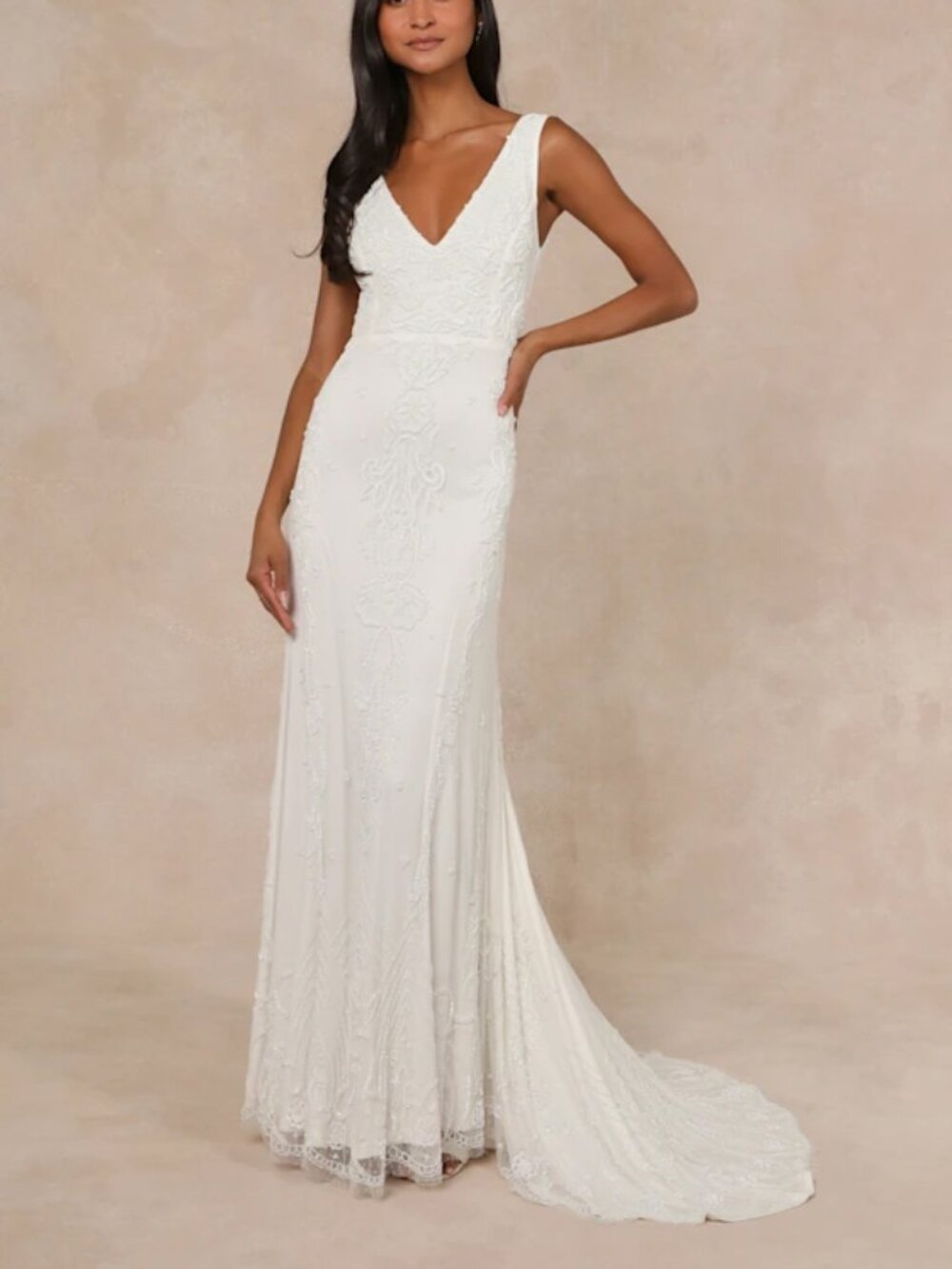 Lulus Passionate Romance White Beaded Sequin Mermaid Maxi Dress NWT Size L